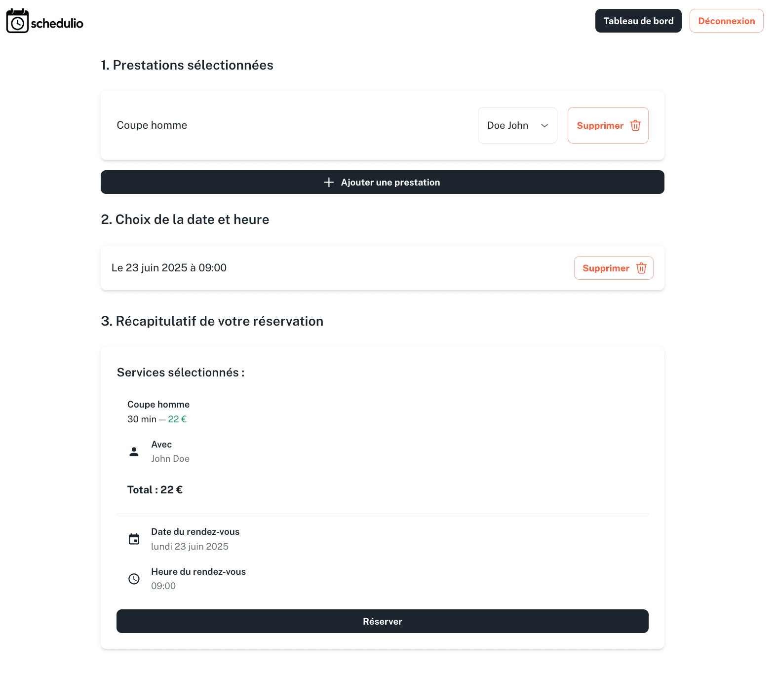Récapitulatif de réservation